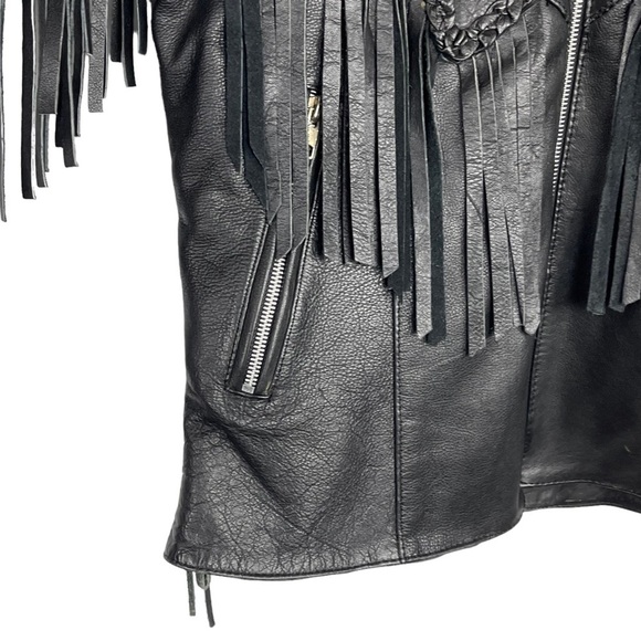 VINTAGE ALCATRAZ BLACK LEATHER FRINGE BRAIDED CONCHO ZIP ROCKSTAR LEATHER JACKET - Picture 10 of 17